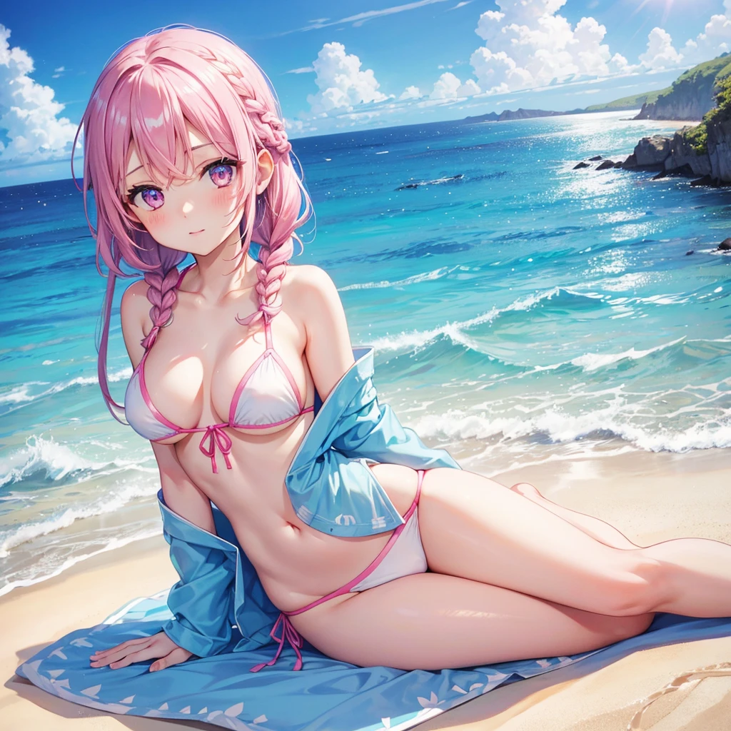 (Sky blue braided hair)、Pink eyes、Fair skin、(whole body)、(One Girl)、bikini、Shining white sand beach in midsummer、Okinawa's ocean、A happy smile、、(masterpiece、Highest quality、Very detailed、Best Shadow)、(Detailed Background)、(Beautifully detailed face)、High contrast、(Best lighting、Very delicate and beautiful)、((Cinematic Light))、colorful、Hyper Detail、Dramatic Light、Exquisite detail、Jumping and having fun
