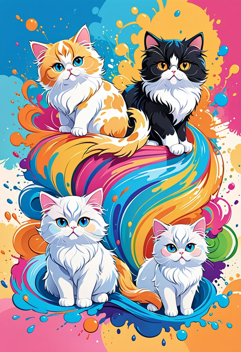 vectorial art, Colorful illustration with five, cute Persian cats, At the center, swirly vibrant colors, paint splashes and smears, high détail,Hawaiian style background
