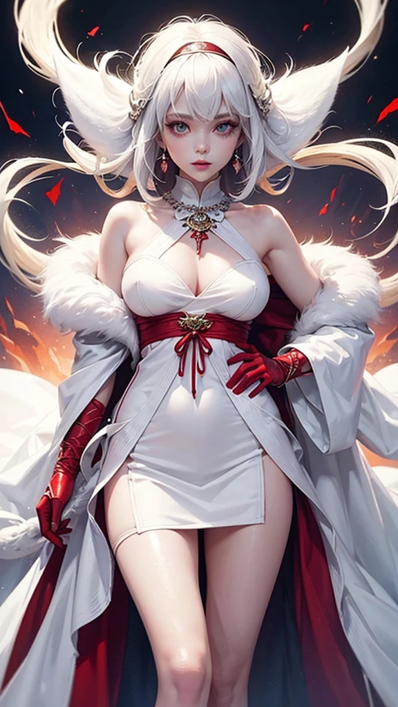 Fox demon girl, cute face, bright eyes, tall, white hairs, fair white skin,silk made clothes from up to down with fur in red, wearing jewellery,in white smoke, high resolution, high quality, high pixel, 8k:photography
