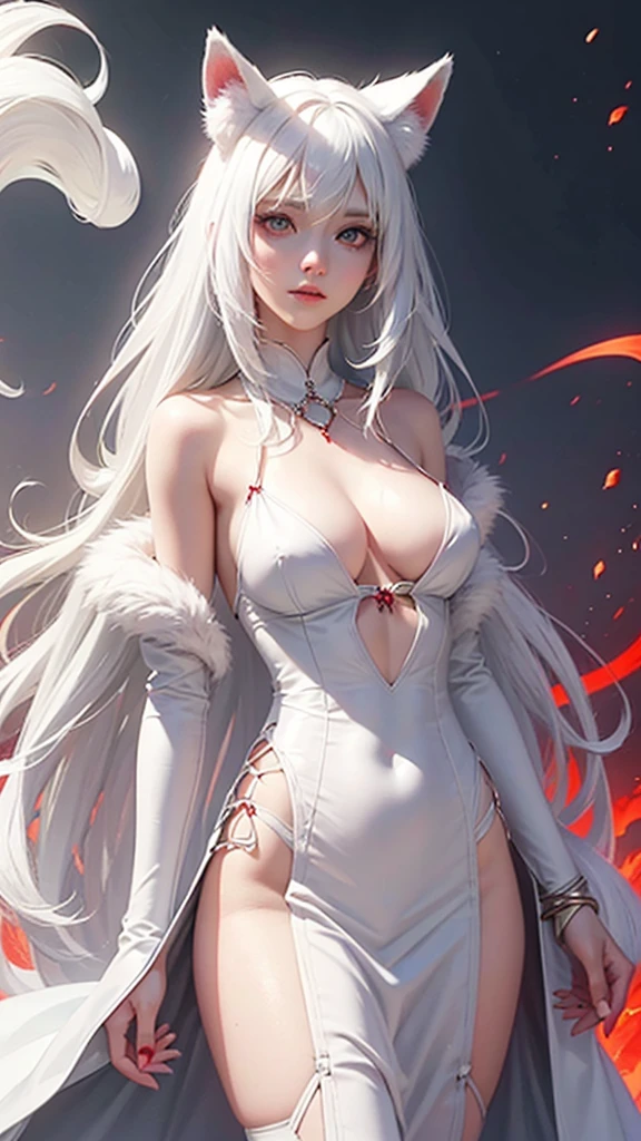 Fox demon girl, cute face, bright eyes, tall, white hairs, fair white skin,silk made clothes from up to down with fur in red, wearing jewellery,in white smoke, high resolution, high quality, high pixel, 8k:photography