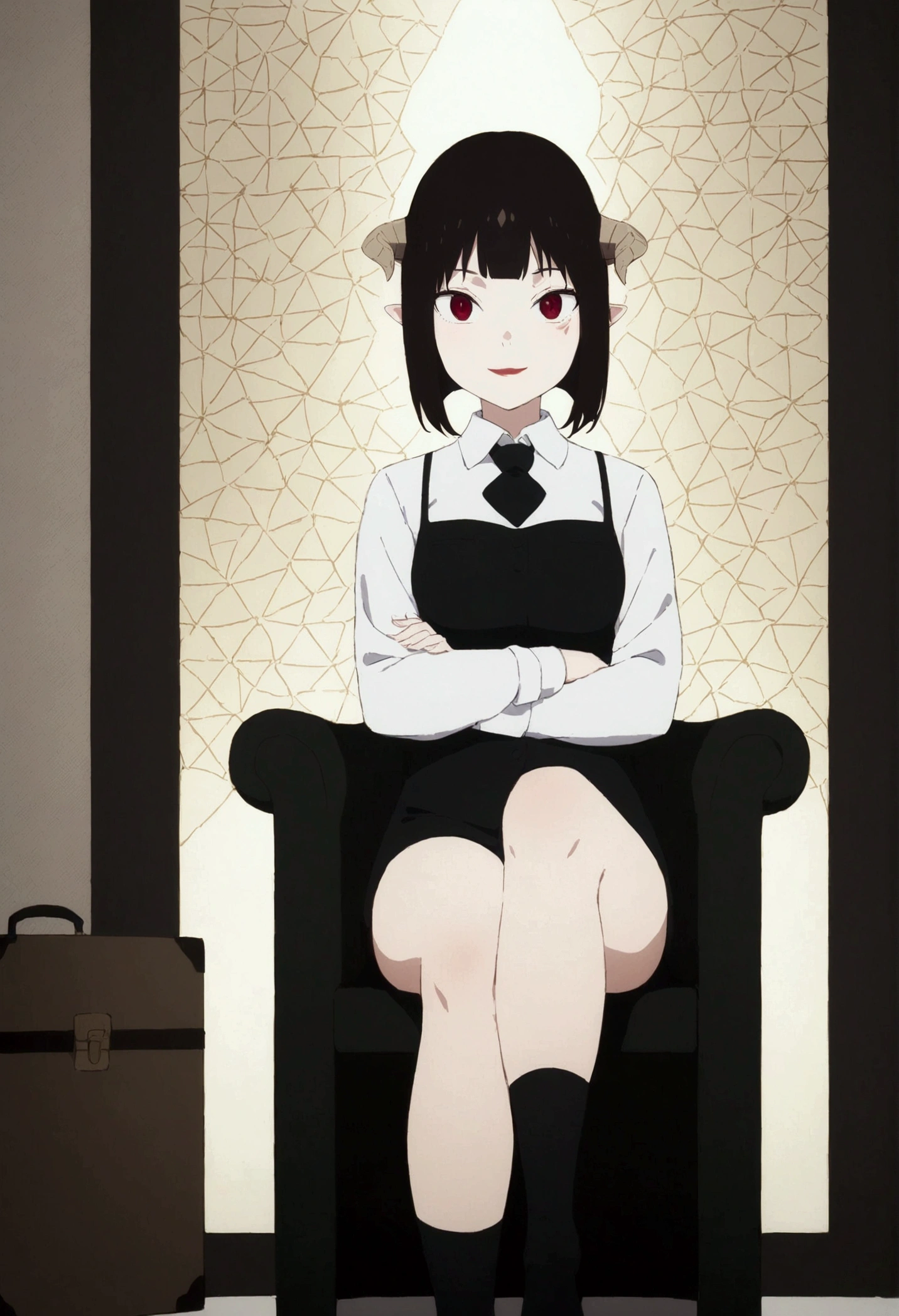 (work of art, ultra detali,high resolution,8K), 1 girl ,standing alone,hinterland,Look to viewer, TochaTortura, trunk,sheen,brunette skin,sitting on a chair,legs crossed,,black socks,horns on head,ssmile,face red,blushed,ssmile,staring overhead
