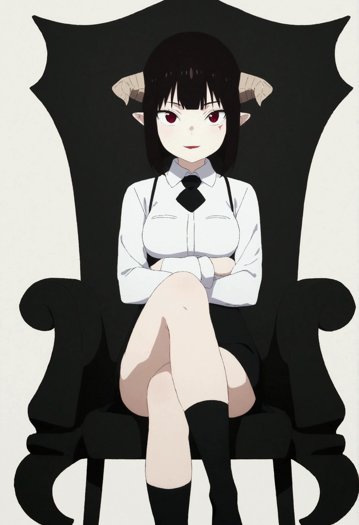 (work of art, ultra detali,high resolution,8K), 1 girl ,standing alone,hinterland,Look to viewer, TochaTortura, trunk,sheen,brunette skin,sitting on a chair,legs crossed,,black socks,horns on head,ssmile,face red,blushed,ssmile,staring overhead