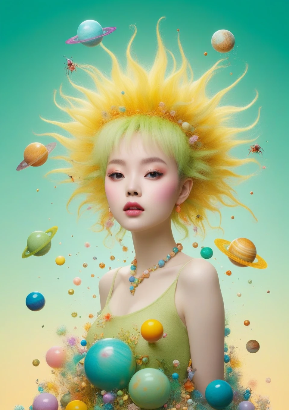 masterpiece, Highest quality, The cutest monster in the world、Color Pop Style, Photo photo portrait of the sun surrounded by satellites of orbiting planets, blonde spiky hair, Make me jealous, Mark Ryden, Alberto Seveso, Brooke Shade, anna dittman, Flora Borsi, 8K resolution, Perfect composition, milky way, Rainbow colors, Flying insects, scale, wing, green, texture, Complex, nice, Shadow, pastel colour, 。.3d, Very detailed, stylish decorations, Tim Burton, Dale Chihuly, Xiaolongcheng, Cyril Rolland, by J. cheque、like情、like、fellow、grateful、mercy、joy、thought、belief、connection