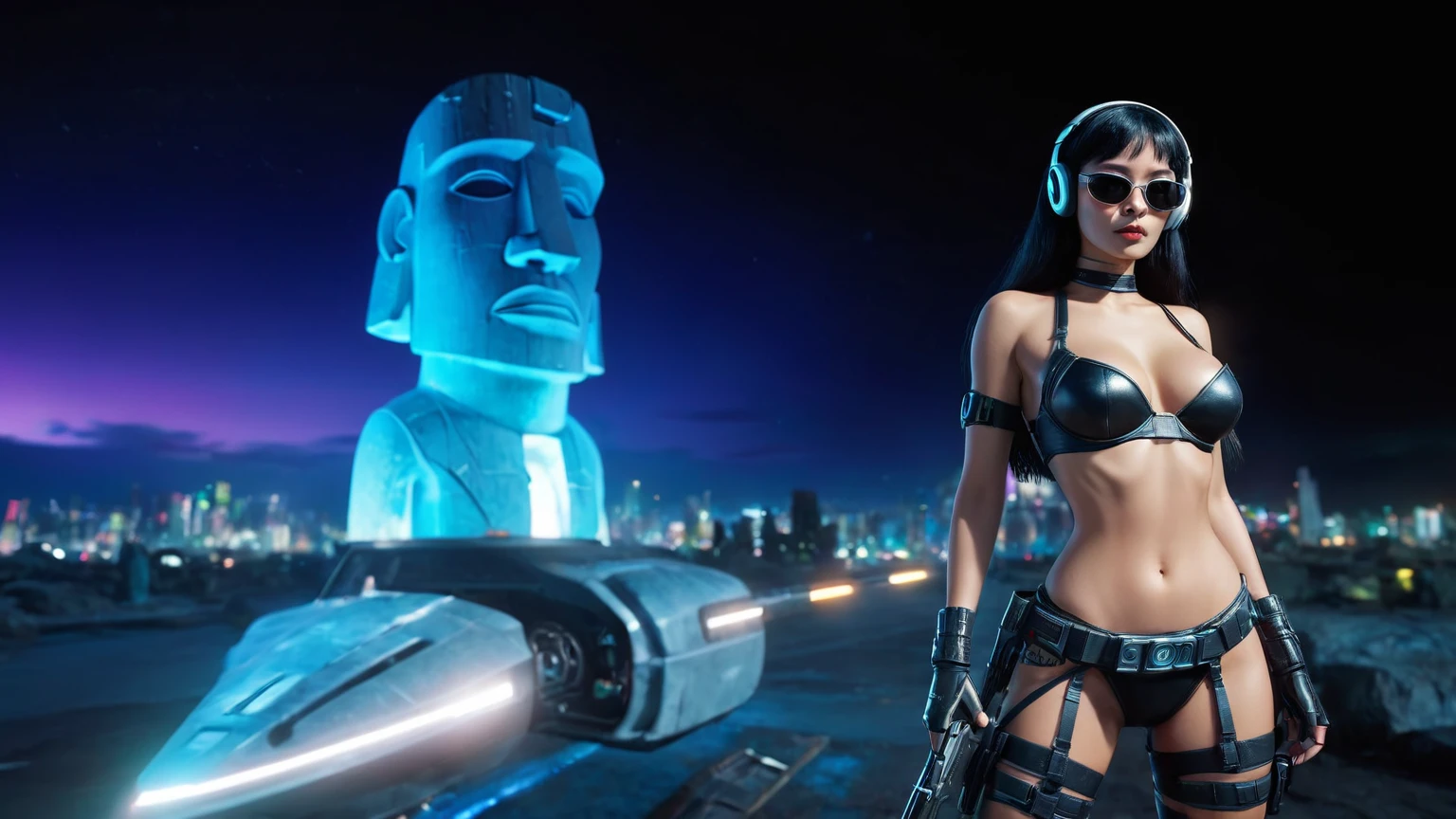 At night, dark sky, distant shot aerial view of fantasy cyberpunk style ice ((Moai-statue)) city, ((flying car)). ((1girl, solo, alone)), medium-breast:1.lim body, cleavage, sexy clothes, (headphone, black sunglasses, long black realistic hair), (((hip-up standing and holding pistol))), (((((half-body thigh level medium shot))))), cinematic lighting, lens flare, ray tracing.