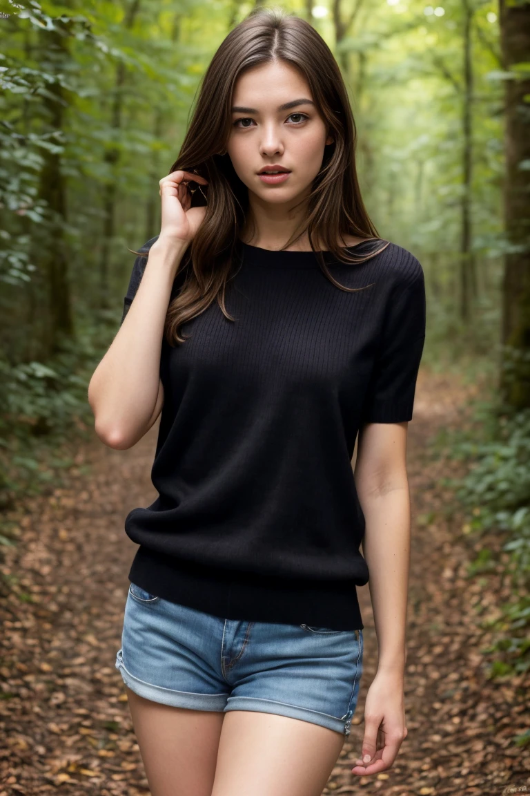 (bestquality,realistic:1.2),(brunette hair:1.1),(French:1.1),(sexy:1.1),(slim figure:1.1),(18 years old:1.1),(handcuffed:1.1),(black short sleeve sweater:1.1),(rolled-up sleeves:1.1),(hands up:1.1),(visible legs:1.1),(open mouth:1.1),illustration,forest,detailed eyes,detailed lips,high definition,professional lighting,vivid color