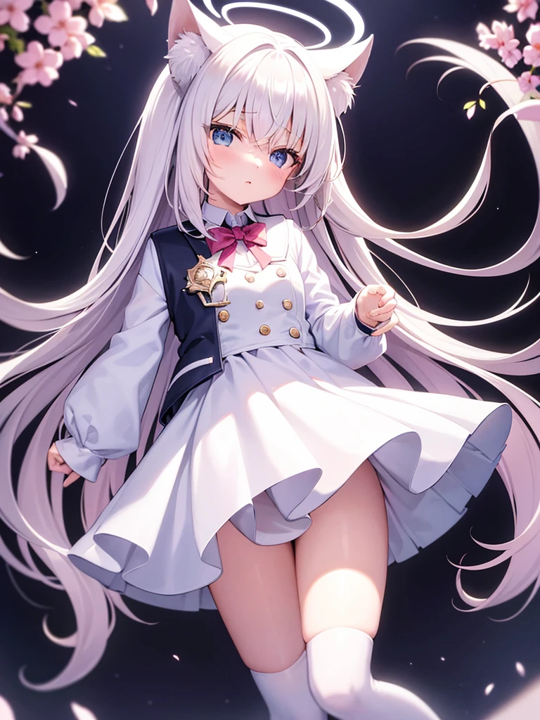 White silk tights,Short skirt,Boots,Lining,coat,White long hair,A cat lady,,small headdress,White, light blue, light pink,Standing,Halo