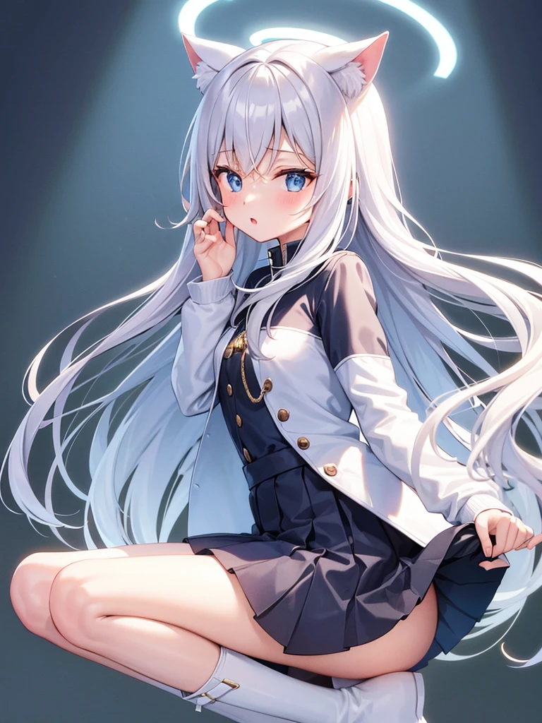 White silk tights,Short skirt,Boots,Lining,coat,White long hair,A cat lady,Loli,small headdress,White, light blue, light pink,Standing,Halo