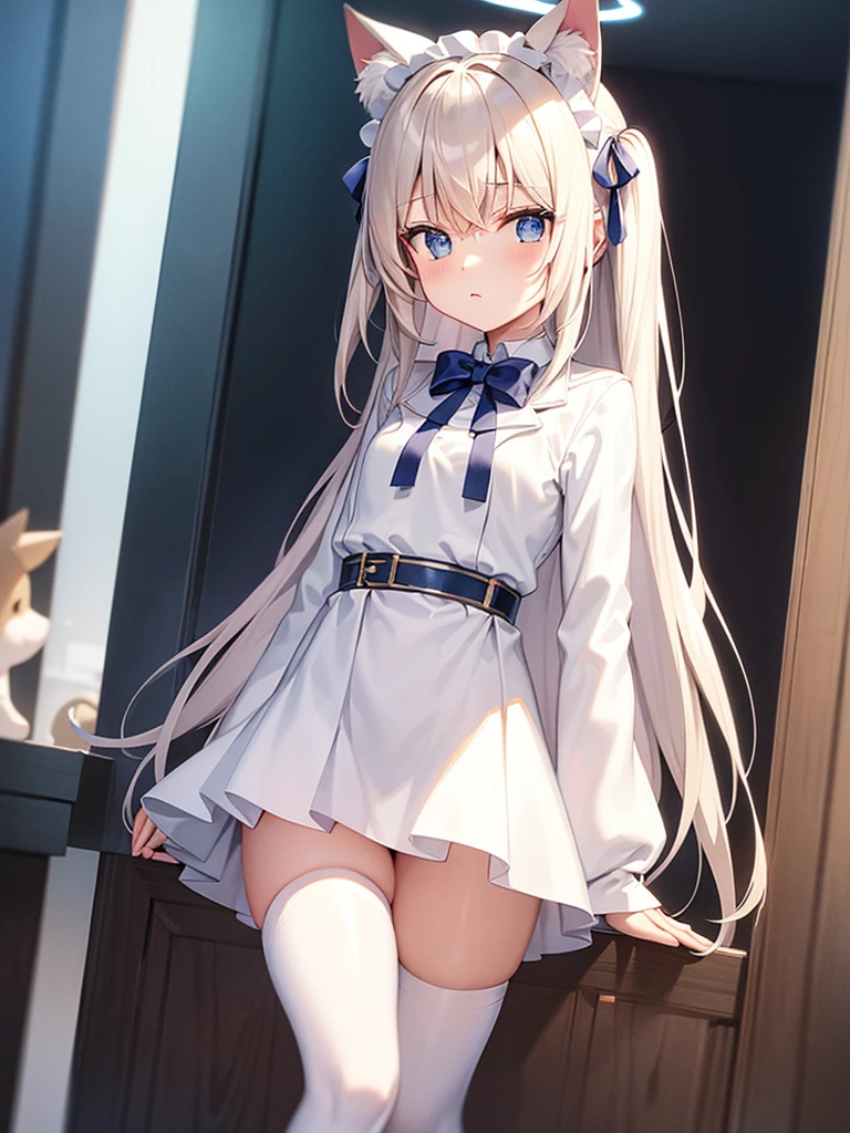 White silk tights,Short skirt,Boots,Lining,coat,White long hair,A cat lady,Loli,small headdress,White, light blue, light pink,Standing,Halo