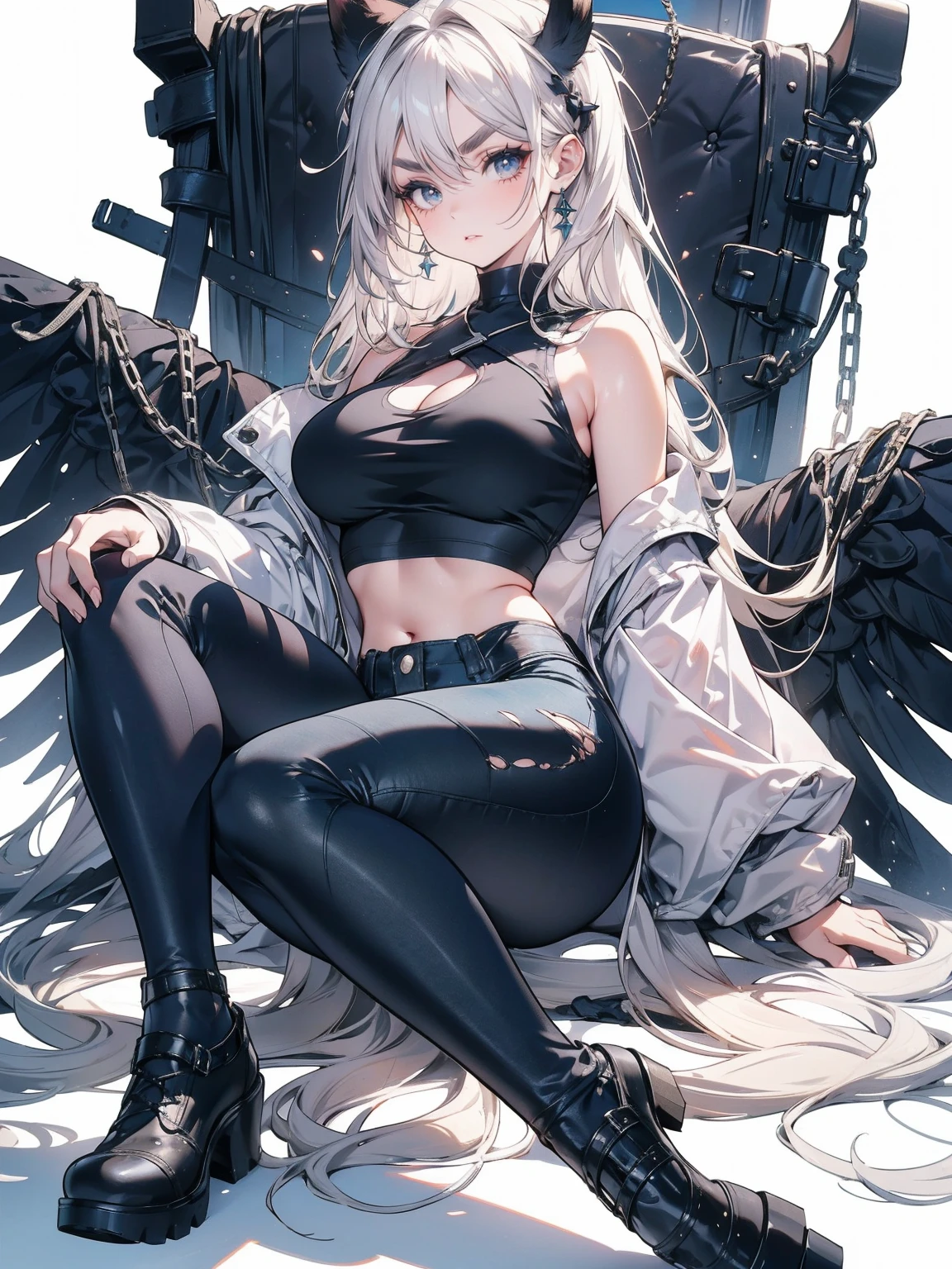 Sense of presence, look up, Focus on shoes, (White Hair Girl), (Thick, dark blue eyebrows:1.4), (Dark blue eyebrows:1.7), (Thick eyebrows:1.3), (Huge black fluffy animal ears:1.1), (Black animal ears:1.1), BREAK, (((Mesh Stitching Crop T-Shirt, Cutout Long Sleeve Top))),BREAK, (Big Breasts:1.2, Thick legs, Adult female body, Sturdy body:1.2), (sharp eyes, Ultra-high definition CG, Precisely designed costumes, 4K, 8K, Ultra-high definition CG, Precisely designed costumes, Clear lines, Expressive and Captivating Eyes, Fine Details and Realistic Textures, cinematic lighting), ((white background)), BREAK, (Wearing black leggings with holes), Skinny sleeves, (Torn and holey leggings:1.2)(Black leggings:1.4), (過剰なRuggedThick soleブーツを履いています:1.2), (Thick sole:1.5), (Big shoes:1.3), brwak,((Distressed denim:1.3))