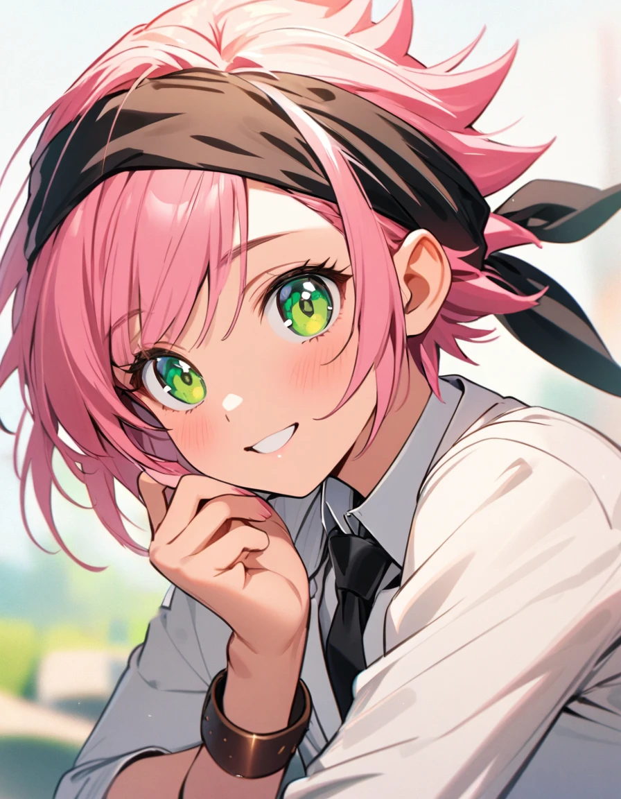 " girl with short spiky pink hair and vibrant green eyes,Sun-kissed skin, athletic build. Wearing a white skirt, white blazer,long sleeves,black tie,leather bracelet, a bandana on her head,Lively and adventurous expression,portrait closeup,