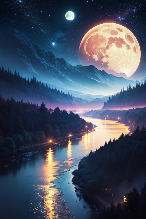 Painting of a river with stars and moon floating in the sky, Concept art inspired by Mitsuoki Tosa, pixiv Contest Winner, Highest quality, Fantasy art, Beautiful anime scene, Golden Moon. Bright Moon, Starry Sky environment under the moonlight, Dream painting, Anime Background art, Fantasy Landscape Painting, A dreamlike night, Anime Background, Background artwork, Dreamy Art, Atmospheric anime, Starry Sky, Detail enhancements.