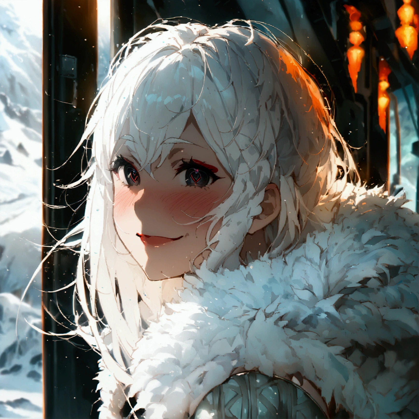 Masterpiece, High quality, High quality of art, anime lineart, 1girl,white hair, black eyes, white eyebrow, red eyeshadow, Tall, big hips, big chest, very blush, white hearts in eyes, in future base, looking at viewer, smile, white skin,In the base of the future somewhere in Antarctica, white fur coat
