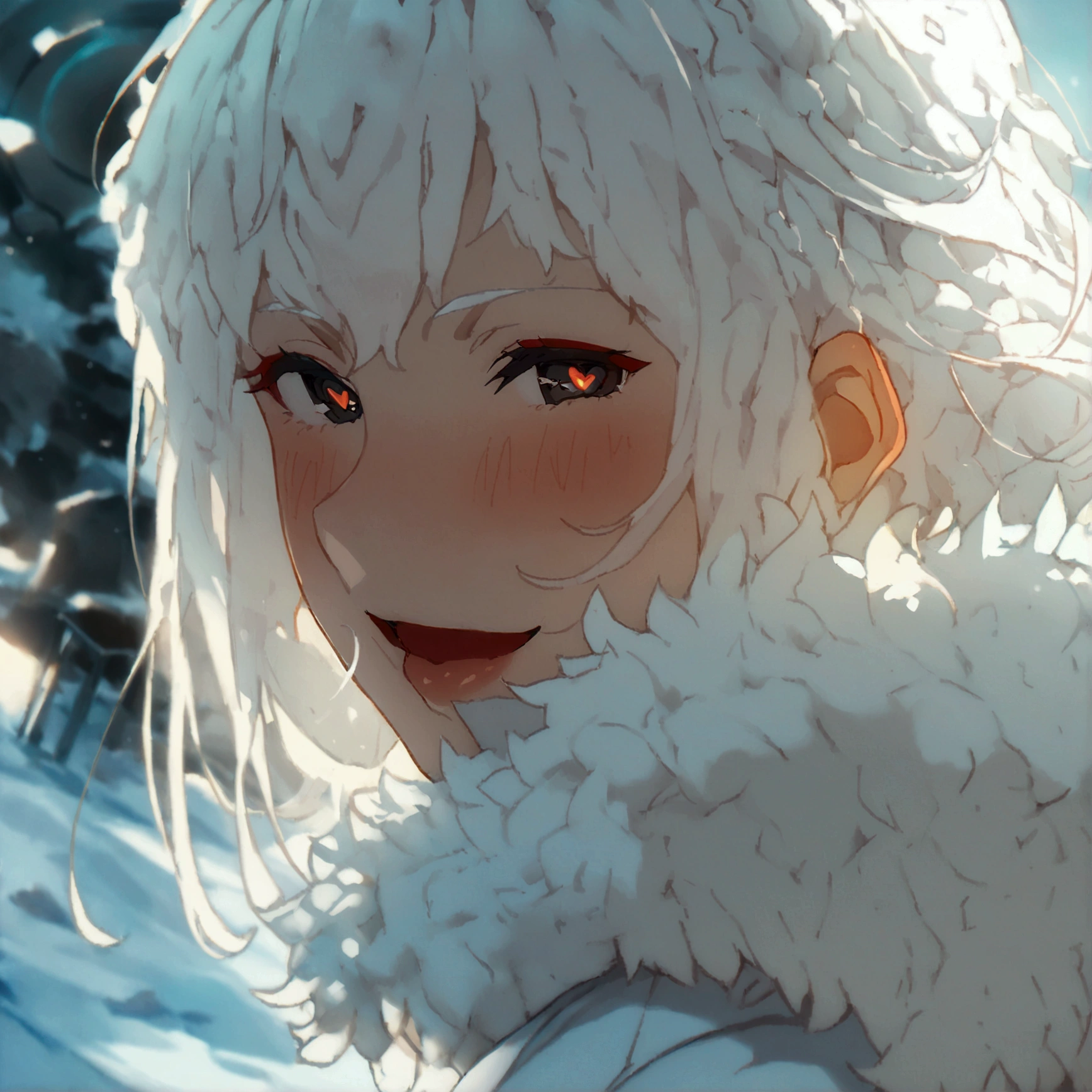 Masterpiece, High quality, High quality of art, anime lineart, 1girl,white hair, black eyes, white eyebrow, red eyeshadow, Tall, big hips, big chest, very blush, white hearts in eyes, in future base, looking at viewer, smile, white skin,In the base of the future somewhere in Antarctica, white fur coat
