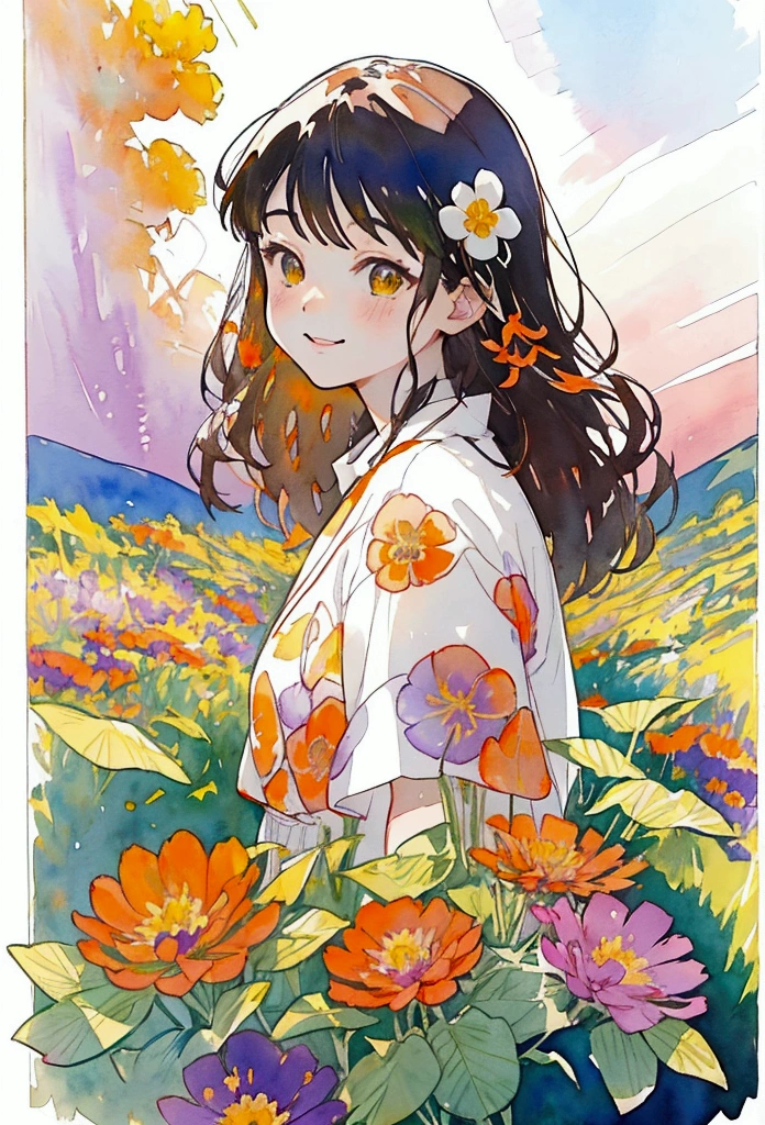 watercolor, Landscape of Ming Flowers, Long Hair, smile, bouquet,shirt, Short sleeve, Black Hair, purple flower, yellow 花, white shirt, orange flower, bangs, Upper Body, plant, green , leaf, Mouth closed, Traditional Media, Brown Hair,Sunset sky,Sunset
