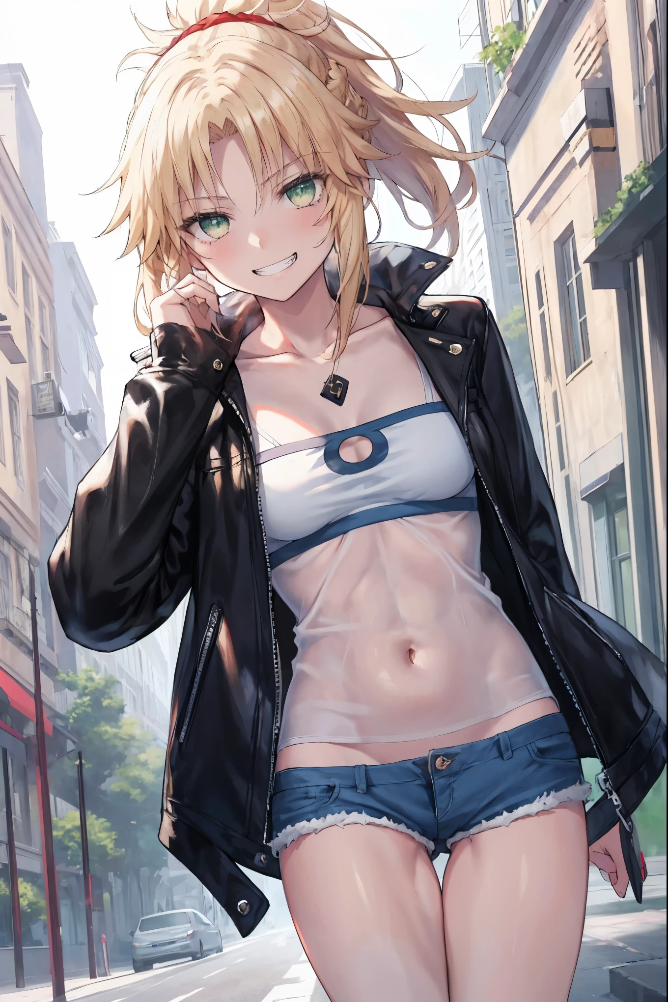 Masterpiece, Best Quality, illustration, city street, 1girl, Mordred \(fate\), cowboy shot, collarbone, Detailed blond hair ponytail braid, green eyes, Red leather jacket, White short blouse, denim shorts,navel,thigh-high,grin, covered_pussy,skiny,long_sword,