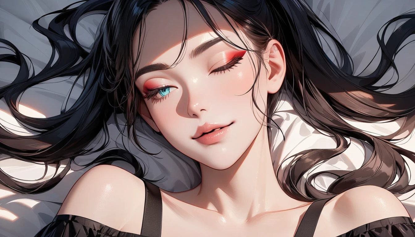 One Woman, Photo of a woman with natural skin, Upper Body, Smiling, High Twintails, Black hair with red mesh, Sharp eyes with red eyeshadow, Blue-green eyes, Shining eyes, A thin, upturned nose, Well-shaped lips, ((Black off-the-shoulder dress, Thin shoulder straps)), barefoot, Makeup, Exquisitely crafted with the utmost attention to detail, Vibrant, amazing, Smooth, Cinematic, 4K, Backlight, ((Sleeping in bed)), Shallow depth of field, ((Detailed eyes:1.3, Detailed lips:1.3, high quality, )), masterpiece, Super detailed images, High quality
