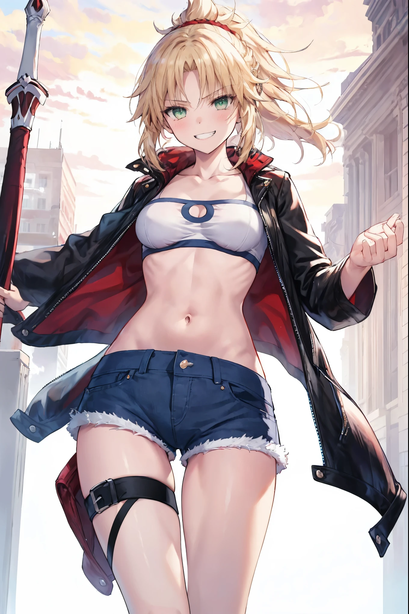 Masterpiece, Best Quality, illustration, city street, 1girl, Mordred \(fate\), cowboy shot, collarbone, Detailed blond hair ponytail braid, green eyes, Red leather jacket, White short blouse, denim shorts,navel,thigh-high,grin, covered_pussy,skiny,long_sword,