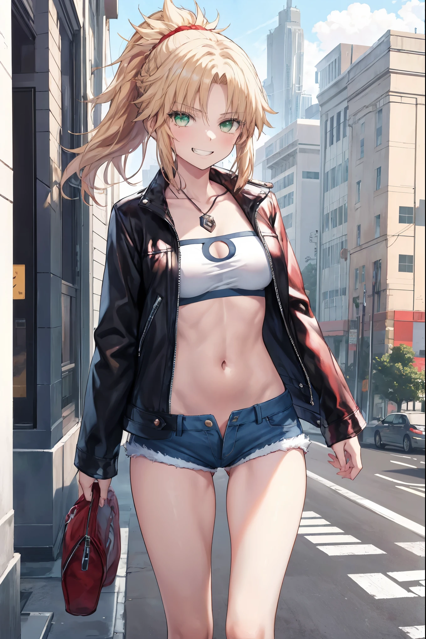 Masterpiece, Best Quality, illustration, city street, 1girl, Mordred \(fate\), cowboy shot, collarbone, Detailed blond hair ponytail braid, green eyes, Red leather jacket, White short blouse, denim shorts,navel,thigh-high,grin, covered_pussy,skiny,long_sword,