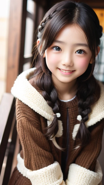 8K、cute、Adult Girls、detailed、Braid your hair in an intricate way、Looking into the camera、Casual winter clothes、smile