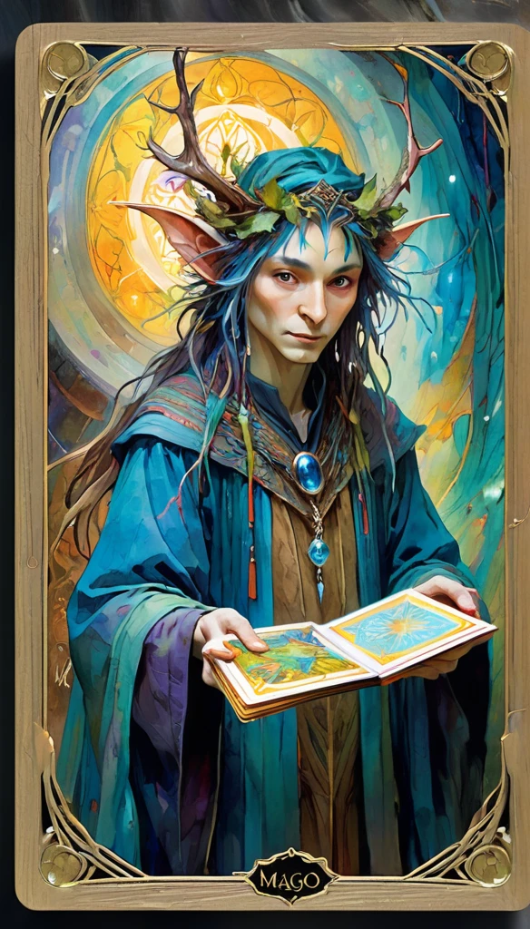 tarot card, the magician, FULL tarot card frames ((text on card: "EL MAGO")) (by Brian Froud and Carne Griffiths and Wadim Kashin, intricate details, oil) . bright colors, oil paint)