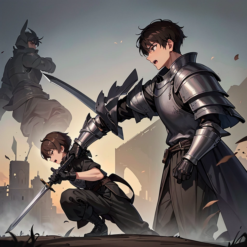 Best illustrations、Best Quality、(((Simple grey armor、Black trousers、Black gloves、Short Hair、Brown Hair、20 year old man)))、(((Grab the sword、Get Ready)))、(Old ruins、desert。Grass)、Fall to the floor、(Black, muddy swamp)、(仮面の中世の騎士が10 people)、(get annoyed、Open your mouth、Get angry)、(lots of medieval knights、10 people)、battlefield、(From the side、profile)、(White background)