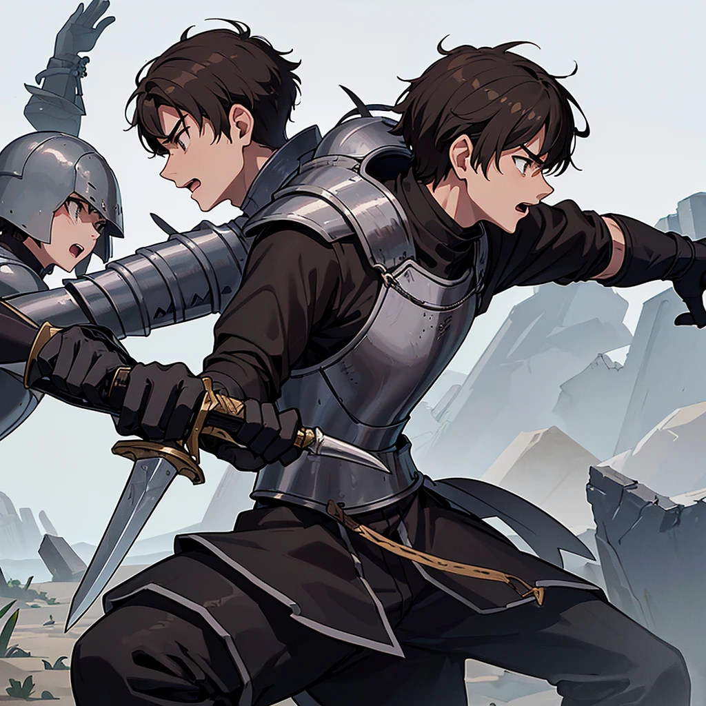Best illustrations、Best Quality、(((Simple grey armor、Black trousers、Black gloves、Short Hair、Brown Hair、20 year old man)))、(((Grab the sword、Get Ready)))、(Old ruins、desert。Grass)、Fall to the floor、(Black, muddy swamp)、(仮面の中世の騎士が10 people)、(get annoyed、Open your mouth、Get angry)、(lots of medieval knights、10 people)、battlefield、(From the side、profile)、(White background)