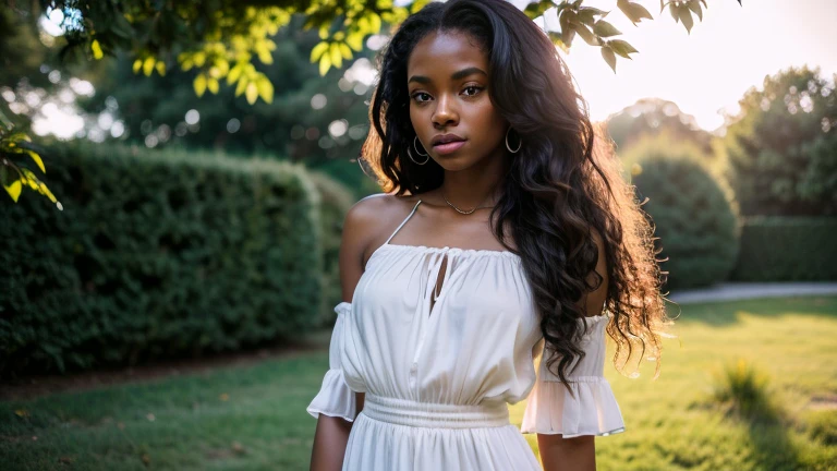 (half body portrait) of a 21-year-old black american woman, long black curly hair, brown eyes, feminine features, detailed skin pores, oiled skin, skinny fit body, nice legs, wearing two piece white silk llace dress, OUTDOOR, natural lighting, volumetric lighting, backlight on hair, soft front light, dslr, ultra high quality, sharp focus, film grain, fuji film XT3, intricate details, Raw, UHD