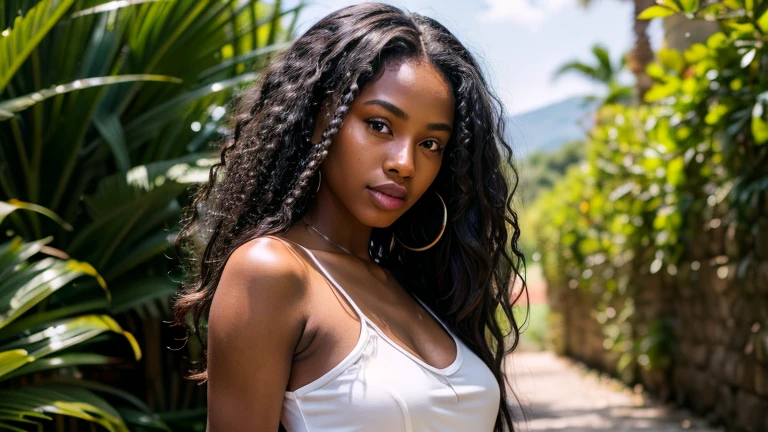 (half body portrait) of a 21-year-old black american woman, long black curly hair, brown eyes, feminine features, detailed skin pores, oiled skin, skinny fit body, nice legs, wearing two piece white silk llace dress, OUTDOOR, natural lighting, volumetric lighting, backlight on hair, soft front light, dslr, ultra high quality, sharp focus, film grain, fuji film XT3, intricate details, Raw, UHD