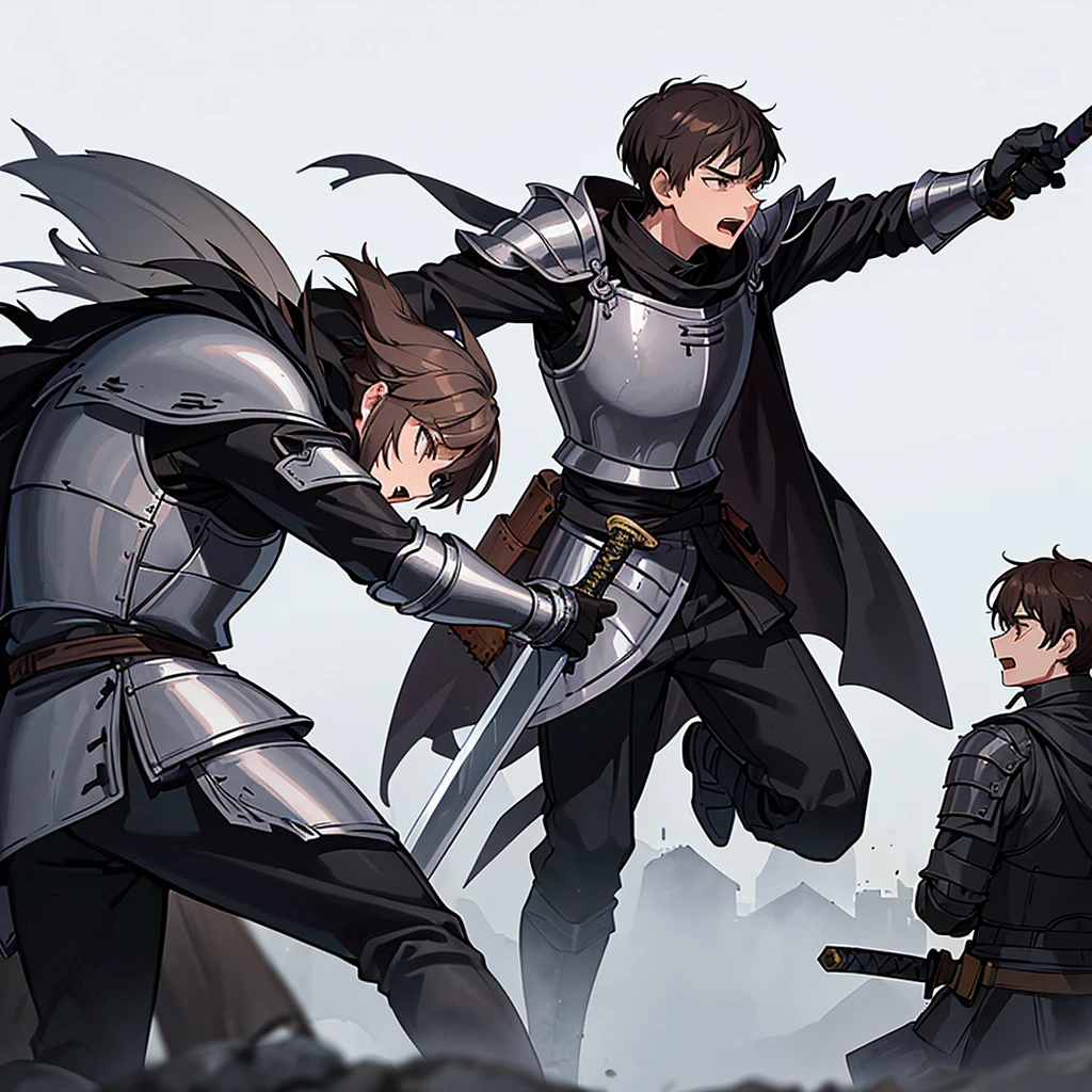 Best illustrations、Best Quality、(((Simple grey armor、Black trousers、Black gloves、Short Hair、Brown Hair、20 year old man)))、(((Grab the sword、Get Ready)))、(Old ruins、desert。Grass)、Fall to the floor、(Black, muddy swamp)、(仮面の中世の騎士が10 people)、(get annoyed、Open your mouth、Get angry)、(lots of medieval knights、10 people)、battlefield、(From the side、profile)、(White background)