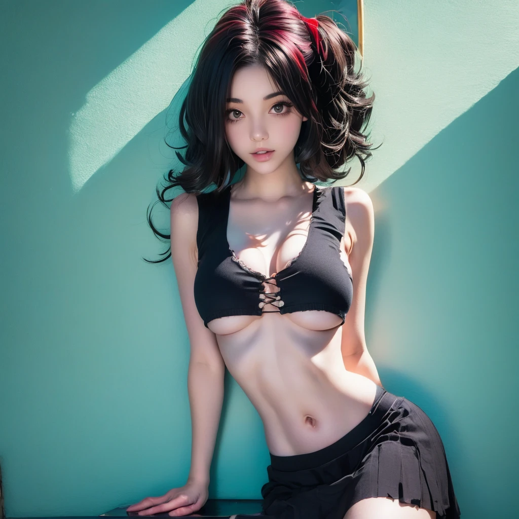beautiful, masterpiece, best quality, extremely detailed face, perfect lighting,1girl, solo, matoi ryuuko, black serafuku, black skirt, red hair, senketsu, torn clothes, underboob