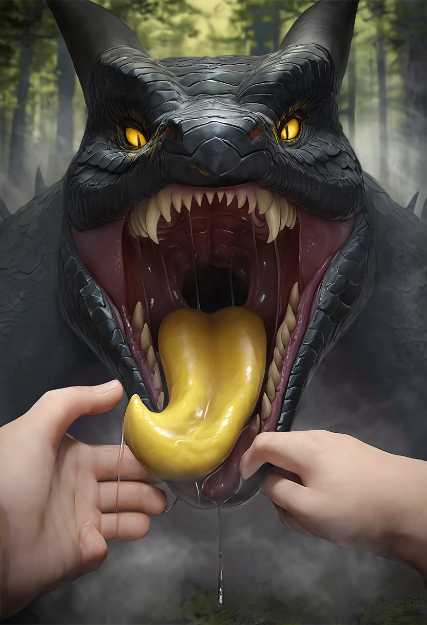 Dragon.Wild.Sharp teeth.Huge body.Approached.黒いmouth.Slimy Throat.scales.Pink tongue.A slimy tongue licks me. mouth.Get on your tongue.Physical Difference.naked.Human first person perspective.Closing Arms.Stretch out one hand.A big tongue wraps around my arm.Dripping saliva.Evil yellow eyes staring.mouthが近づいてくる.Swallowed Whole.prey.Hot breath.差し迫ったSwallowed Whole.drool dripping. Shadows Spread.Hot breath.fog.A terrifying growl. Enveloped in darkness.Touching the tongue.Uplifting.forest.nature.Realistic.sense of distance.詳細なmouth内.(masterpiece.Highest quality.)