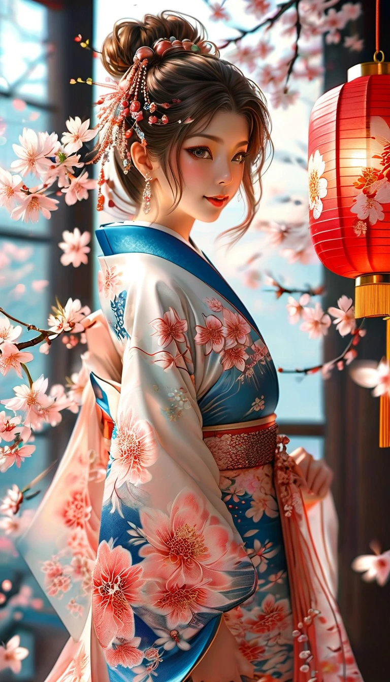 A masterpiece of a high school girl in a provocative kimono.: A masterpiece in 16K UHD resolution takes place in a Japanese-style room decorated with cherry blossoms and lanterns.。An attractive young woman with brown hair falling down her back、She wears a flowing kimono that accentuates her curves..。His blue eyes shine with admiration as he smiles with his mouth open...、Its detailed features give off a blushing charm.。Photorealistic images are、From the seams of your kimono to every strand of hair、Capture every detail as the light flows softly behind her..。Her long fingers are adorned with intricate nails.