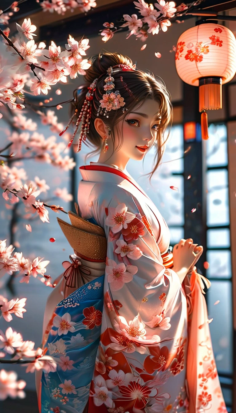 A masterpiece of a high school girl in a provocative kimono.: A masterpiece in 16K UHD resolution takes place in a Japanese-style room decorated with cherry blossoms and lanterns.。An attractive young woman with brown hair falling down her back、She wears a flowing kimono that accentuates her curves..。His blue eyes shine with admiration as he smiles with his mouth open...、Its detailed features give off a blushing charm.。Photorealistic images are、From the seams of your kimono to every strand of hair、Capture every detail as the light flows softly behind her..。Her long fingers are adorned with intricate nails.