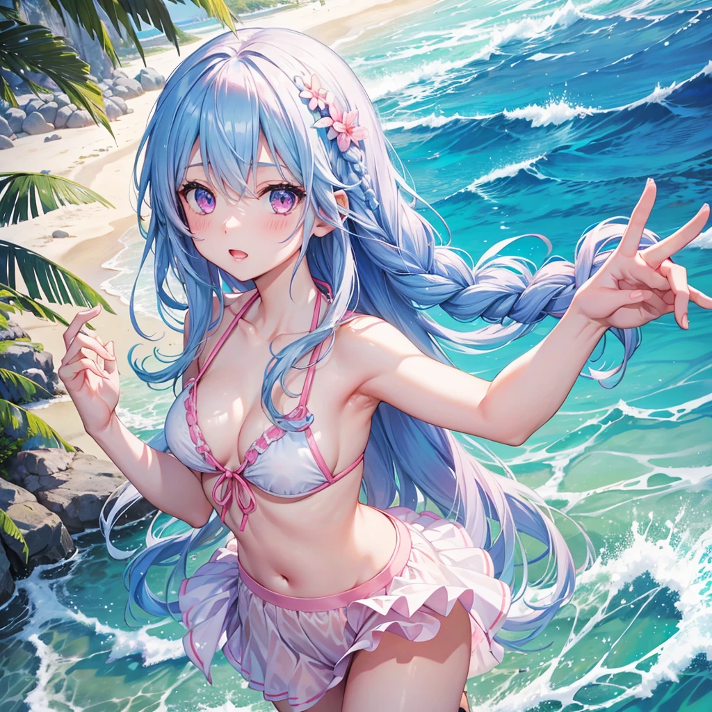 (Sky blue braided hair)、Pink eyes、Fair skin、(whole body)、(One Girl)、bikini、Shining white sand beach in midsummer、Okinawa&#39;s ocean、A happy smile、、(masterpiece、Highest quality、Very detailed、Best Shadow)、(Detailed Background)、(Beautifully detailed face)、High contrast、(Best lighting、Very delicate and beautiful)、((Cinematic Light))、colorful、Hyper Detail、Dramatic Light、Exquisite detail、Jumping and having fun