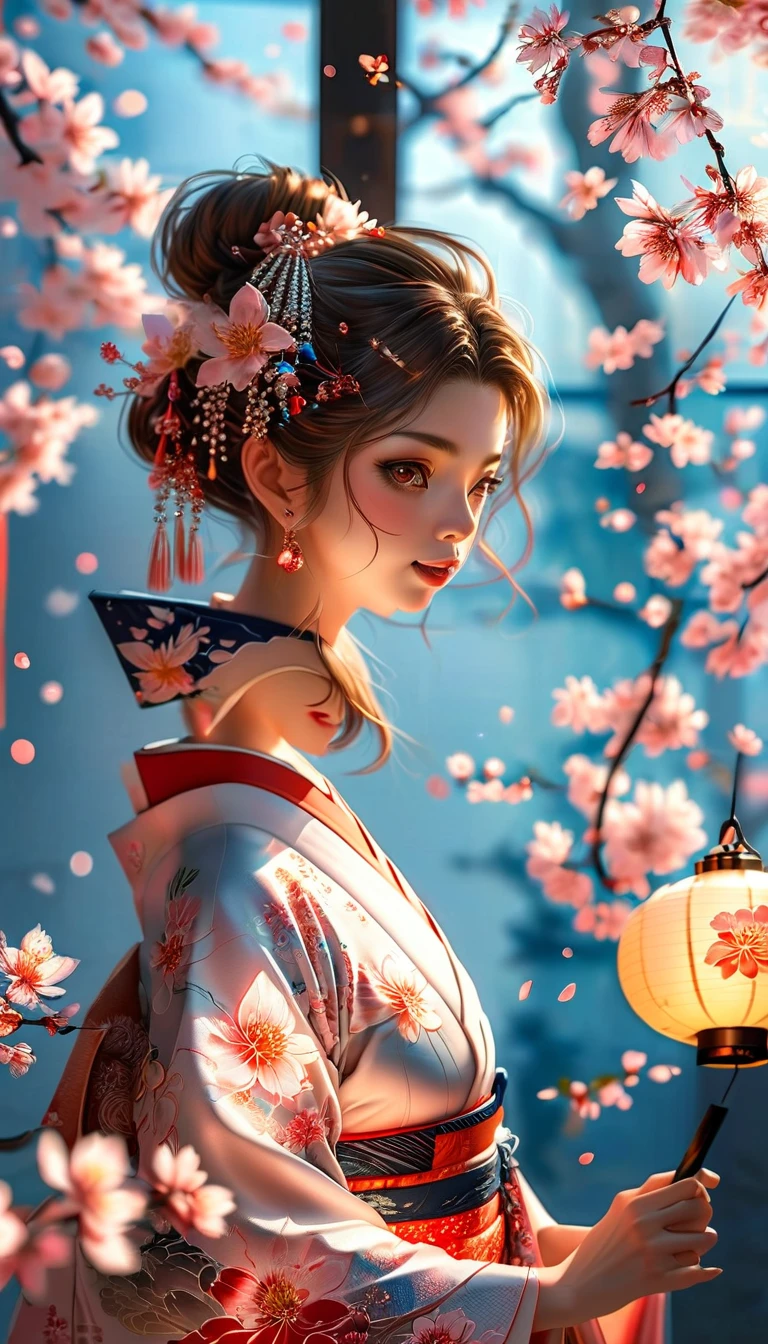 A masterpiece of a high school girl in a provocative kimono.: A masterpiece in 16K UHD resolution takes place in a Japanese-style room decorated with cherry blossoms and lanterns.。An attractive young woman with brown hair falling down her back、She wears a flowing kimono that accentuates her curves..。His blue eyes shine with admiration as he smiles with his mouth open...、Its detailed features give off a blushing charm.。Photorealistic images are、From the seams of your kimono to every strand of hair、Capture every detail as the light flows softly behind her..。Her long fingers are adorned with intricate nails.