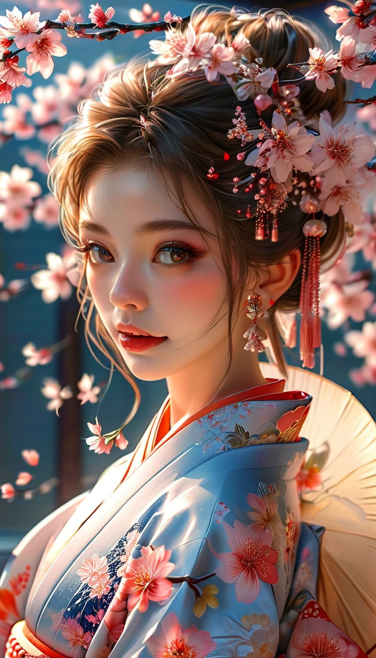 A masterpiece of a high school girl in a provocative kimono.: A masterpiece in 16K UHD resolution takes place in a Japanese-style room decorated with cherry blossoms and lanterns.。An attractive young woman with brown hair falling down her back、She wears a flowing kimono that accentuates her curves..。His blue eyes shine with admiration as he smiles with his mouth open...、Its detailed features give off a blushing charm.。Photorealistic images are、From the seams of your kimono to every strand of hair、Capture every detail as the light flows softly behind her..。Her long fingers are adorned with intricate nails.