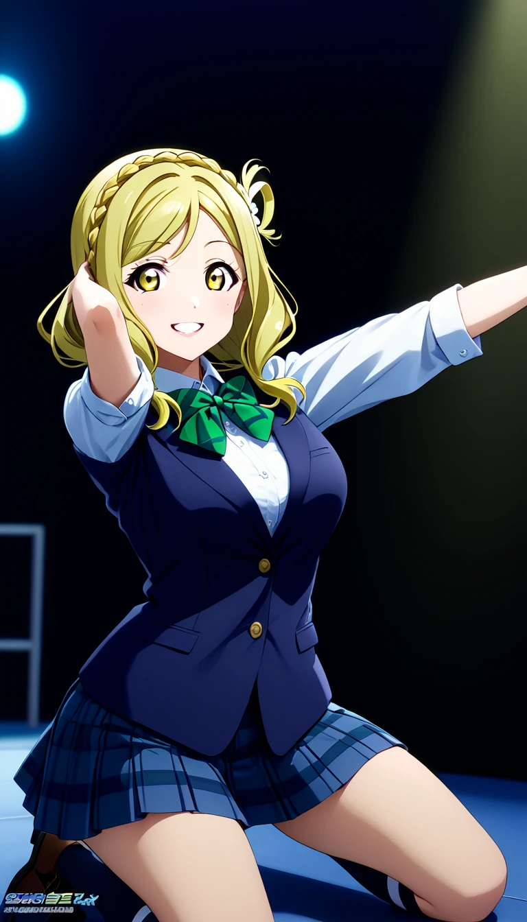  (1girl), (solo),ohara mari, love live! sunshine!, hair rings, blonde hair, yellow eyes, crown braid, medium hair, large breasts , otonokizaka ,winter uniform, green striped bow tie, navy blue blazer, blue pleated skirt, knee socks,smile,kneeling on stage,arms straight up stretching,from front, BREAK score_9, score_8_up, score_7_up, score_6_up, source_anime 