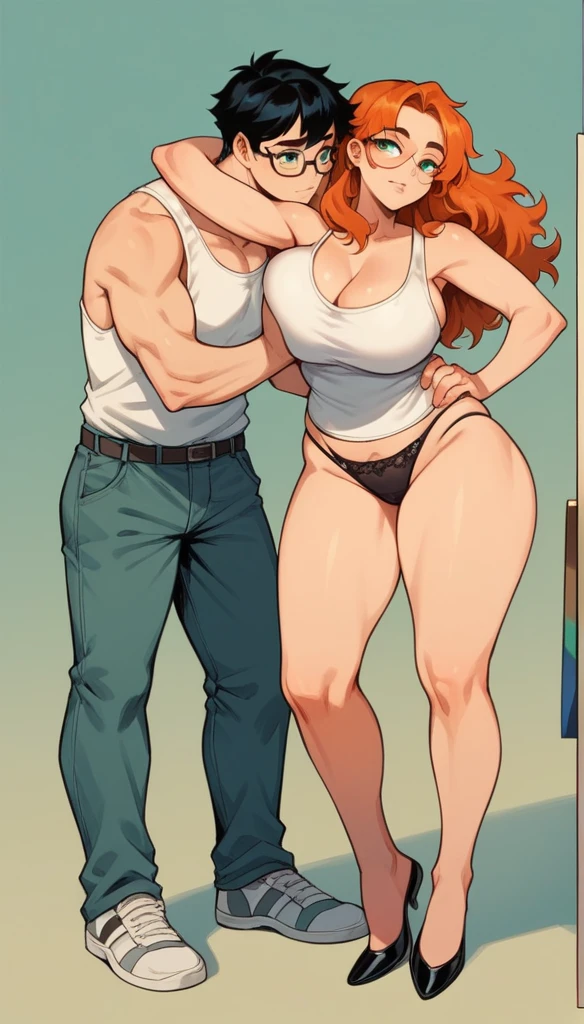 1 woman, wavy orange hair, green eyes , sly face , glasses , white tank top , black panties , abdomen, big breasts , Put your hands on your hips... , canvas shoes , 1 man , boy , black hair , shirt , trousers , Hugging the woman's waist , convenience store