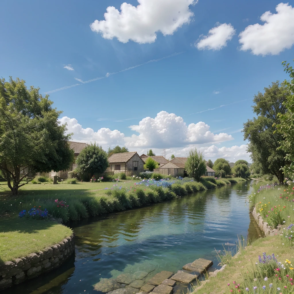 Significant blue sky over of Horizontal view of the small river under the village, some flowers around