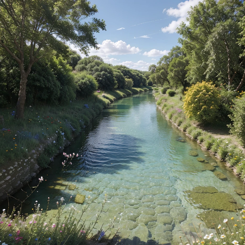 Significant blue sky over of Horizontal view of the  small river under the village, some flowers around