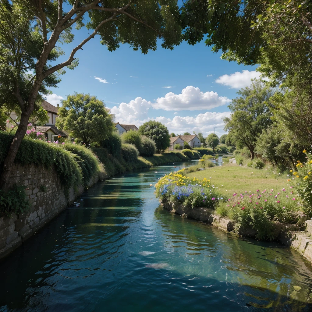 Significant blue sky over of Horizontal view of the small river under the village, some flowers around