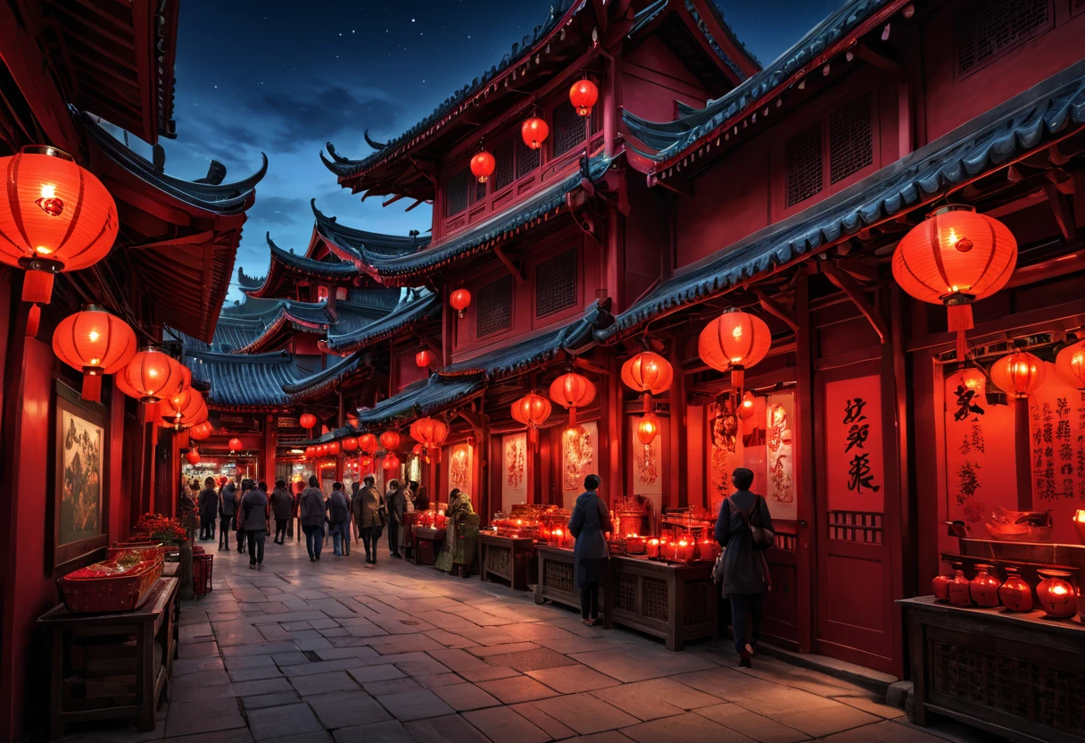 marketplace, red lantern, night, red lighting, HDR, 4k resolution, (painting realistic : 1.3), (ultra high resolution: 1.0 ), (((best quality, 8 thousand, masterpiece:1.4))