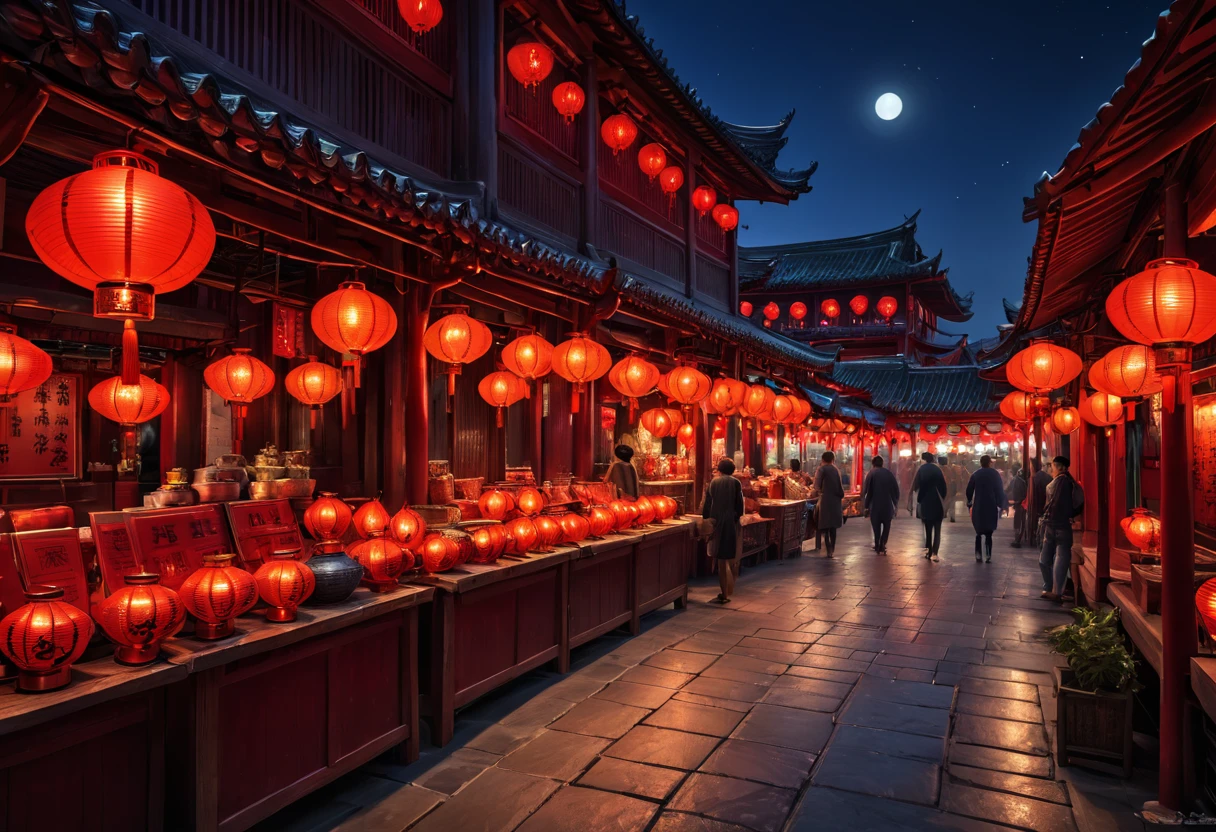 marketplace, red lantern, night, red lighting, HDR, 4k resolution, (painting realistic : 1.3), (ultra high resolution: 1.0 ), (((best quality, 8 thousand, masterpiece:1.4))