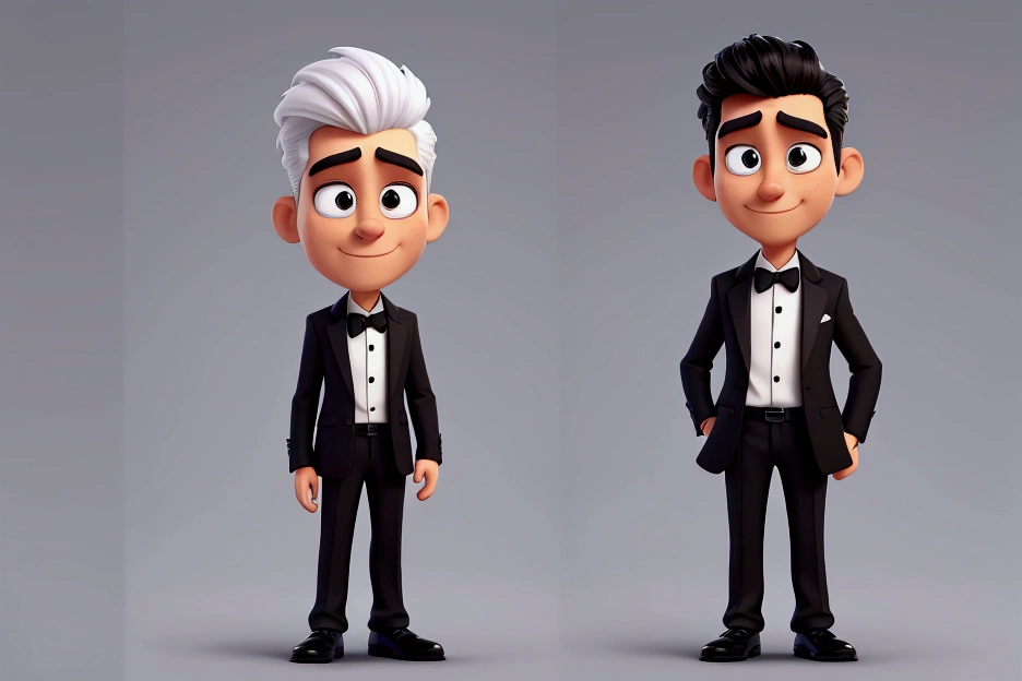 Cartoon character of a man in a black suit and white shirt,