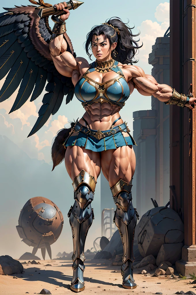 (Best lighting) , (Very intricate details) , 4K Integration, (Super fine CG: 1.2) , (8K: 1.2),(original), (masterpiece) , (Highest quality),(masterpiece:1.4),((Full  images))、Photo quality,(masterpiece),masterpiece, Highest quality, Absurd,((Masterpiece, 4K, 8K, High resolution)),(masterpiece), (Highest quality), (Super detailed), (Very delicate and beautiful), ((Full body image 1:1.5)), 1 female,　The face of a 40-year-old Western woman、A beautiful, well-balanced face、 ((A woman with a muscular body like a male bodybuilder)),((Huge muscular physique))、((A 200cm tall woman))、Giants Women、((Beautiful woman)),((Woman warrior)),45 year old mature woman, Wearing Valkyrie Metal Armor、((Metal armor that resembles a thick chest and abdominal muscles))、((Metal armor covering the upper body))、mini skirt、Valkyrie's Helmet、Very strong legs、((Long boots with pin heels))、((kneehigh boots))、Wields a large spear as long as his height、A spear weighing 60 kg、Medieval streetscape,Strength and elegance,Solemn atmosphere,((The Queen's Appearance))、((The Strongest Queen of Mankind))、(Huge muscular physique),((Protruding veins))、((A woman with a toned chest like a male bodybuilder))、Raised trapezius muscle、very thick neck、((Strong arms with bulging biceps))、A muscular chest、Six-pack、((Thick thighs with bulging muscles))、Exposed thighs、((Bicep-like calf muscles))、Overflowing with incredible strength、Muscles bulging out from under the force of force all over the body、Black Hair、ponytail、A commanding presence,Poses that show off their monstrous power,Model standing、Standing with dignity、Vibrant colors,Down to the smallest thread,Impressive level textures,Sharp focus,((A strong Valkyrie captain)),((A powerful Valkyrie captain)), 