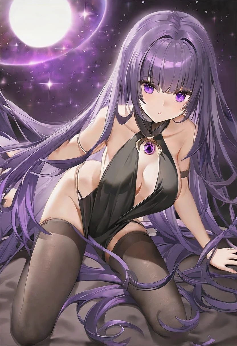 Athena，Extra long purple hair，Purple Eyes，Appearance is that of an adult female，Black one-piece dress，There are small purple and gold decorations，The long jumpsuit is very sexy，barefoot，A black hole in the background universe，Purple black hole