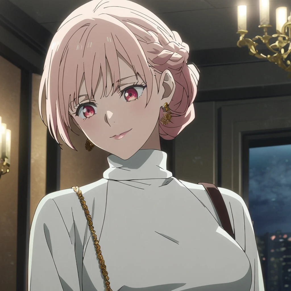 1girl, female gojo satoru, anime screencap from jujutsu kaisen, gojo satoru female version, solo, long_hair, ((red eyes)) ((White_hair, elegant hairstyle, french braid)), night view, (hanging breasts) upper_body, smile, indoors, book, lips, (slightly straight hair) ((wearing white sweater)) breast, "very detailed and high resolution" (red eyes) ((shoulder length straight hair)) ((solo)) (((front view))) (earings) ((high resolution)) ((good quality)) ((elegant hairstyle, french braid)) ((hand bag))