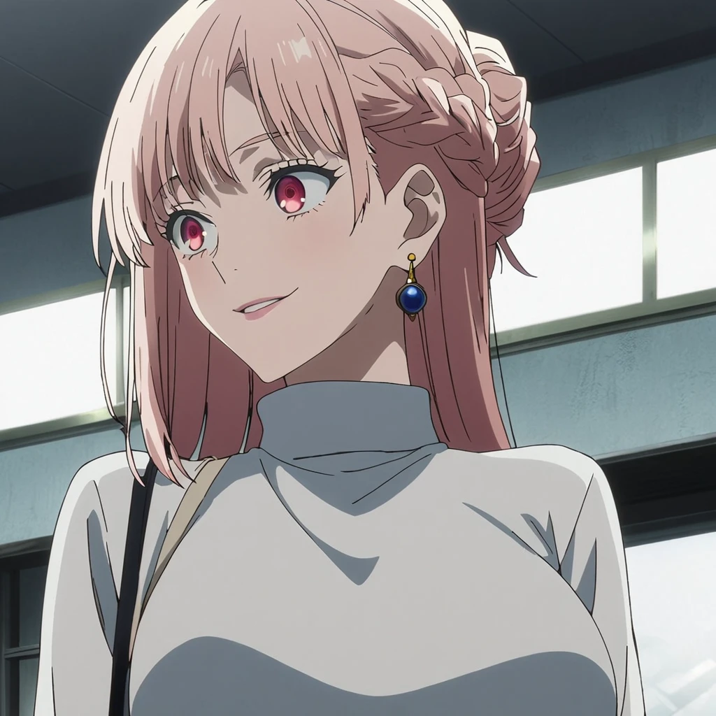 1girl, female gojo satoru, anime screencap from jujutsu kaisen, gojo satoru female version, solo, long_hair, ((red eyes)) ((White_hair, elegant hairstyle, french braid)), night view, (hanging breasts) upper_body, smile, indoors, book, lips, (slightly straight hair) ((wearing white sweater)) breast, "very detailed and high resolution" (red eyes) ((shoulder length straight hair)) ((solo)) (((front view))) (earings) ((high resolution)) ((good quality)) ((elegant hairstyle, french braid)) ((hand bag))