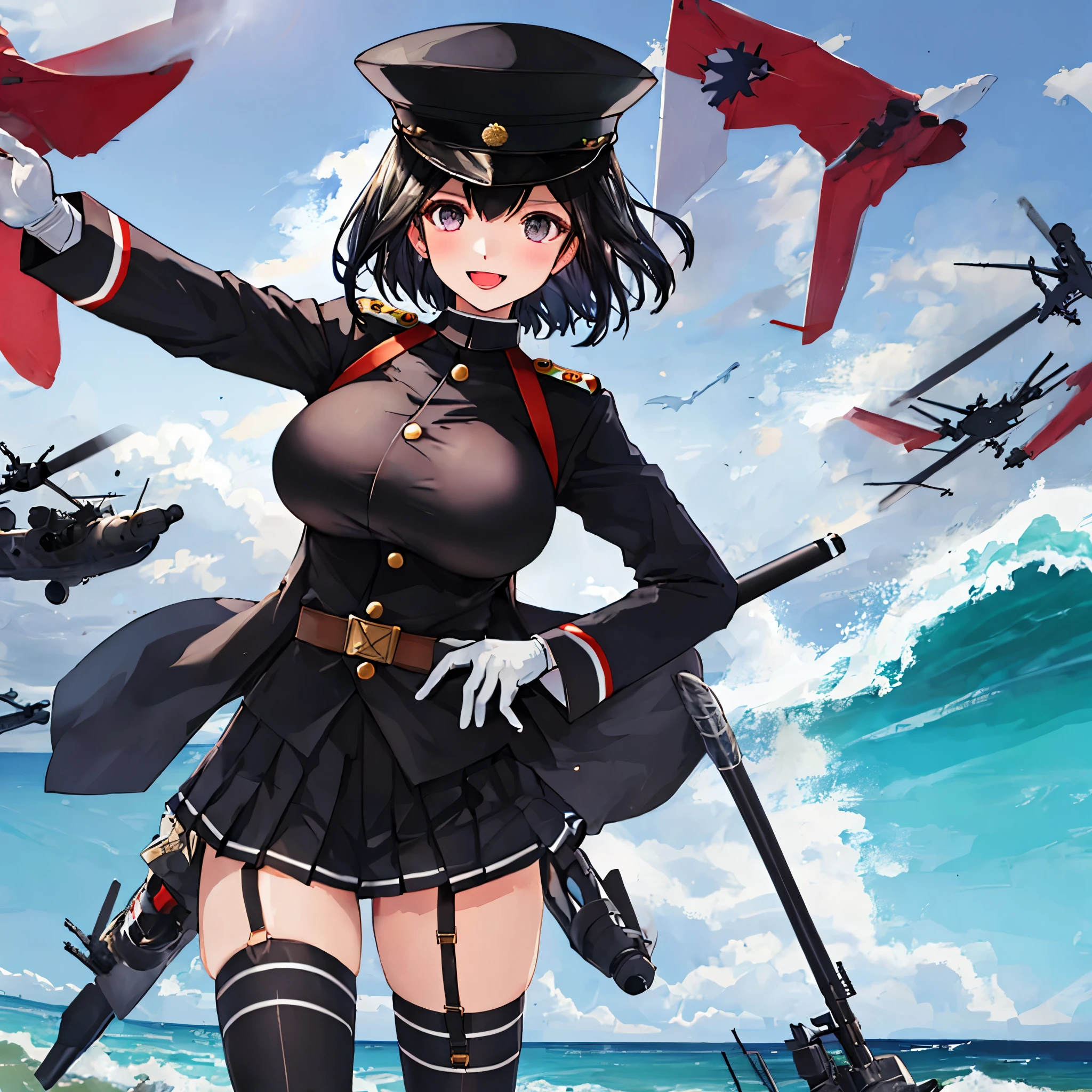 best quality, masterpiece, solo, {akitsu_maru_kantaicollection:1.15}, black_hair, short_hair, hat, peaked_cap, black_eyes, military, big_boobs, 1girl, black_headwear, looking_at_viewer, military_uniform, uniform, military_hat, sea_background, smile,(plump:0.7),selfie,black_thigh-highs,joylight_open_mouth,solo