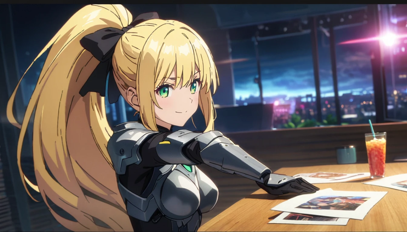 masterpiece, Best quality, 1 girl,photo, check_9, check_8_up, check_7_up, check_6_up, check_5_up, check_4_up, source_Anime, Anime screencap, Anime coloring, kikoru, 1 girl, blonde hair, ponytail, green eyes, hair ribbon, black ribbon, bang, bodysuit, armor, upper body, smile, Kaidzu 8, Studio photography, realistic:1.2,a slim body、Normal breast size、 highly realistic photograph,  full body shot,blonde hair с двумя ponytailами,black ribbon, Beautiful and perfect legs, confident expression,dynamic pose, dynamic lighting, Colorful scene,Colorful scene lights,、Wide buttocks、Эффект Тиндаллаmasuter piece、top quality、Highest standards、Highest image quality、table、complex parts、A high resolution、depth of field、natural soft light、professional lighting、about, standing, very long hair, cowboy shot, brilliant, brilliant hair, (night:1.2),Dreamy, [[gentle fingers and hands:0.55]::0.85],(detailed fingers),),(emotional),(breathtaking),(main part:1.2) whole body.), (Anime Style), (Super Detailed), (brutal), (uhd, HDR), (8K), (High Resolution: 1.2), (Complex and Beautiful: 1.2)